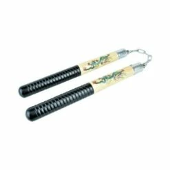 Nunchaku En Bois Noir Et Vernis Imprimé Dragon